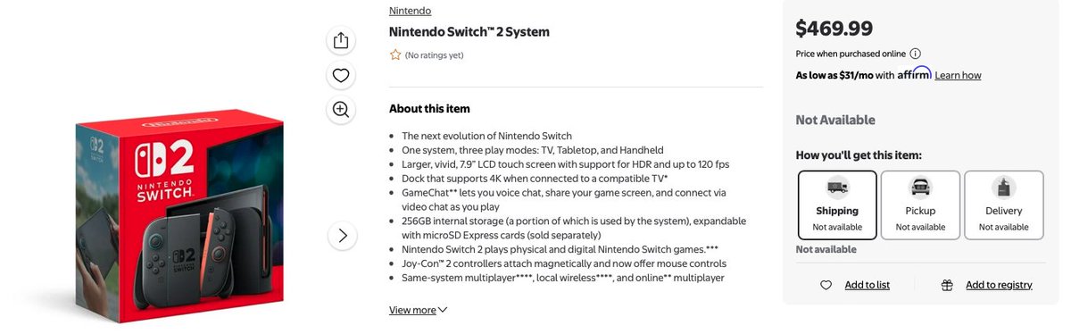 Looks like #Walmart raised the price of the #NintendoSwitch2 to $469.99 online.  I wonder is this just me or have they done this across the board?  Perhaps some regional thing?

#Gaming #Videogames #Nintendo