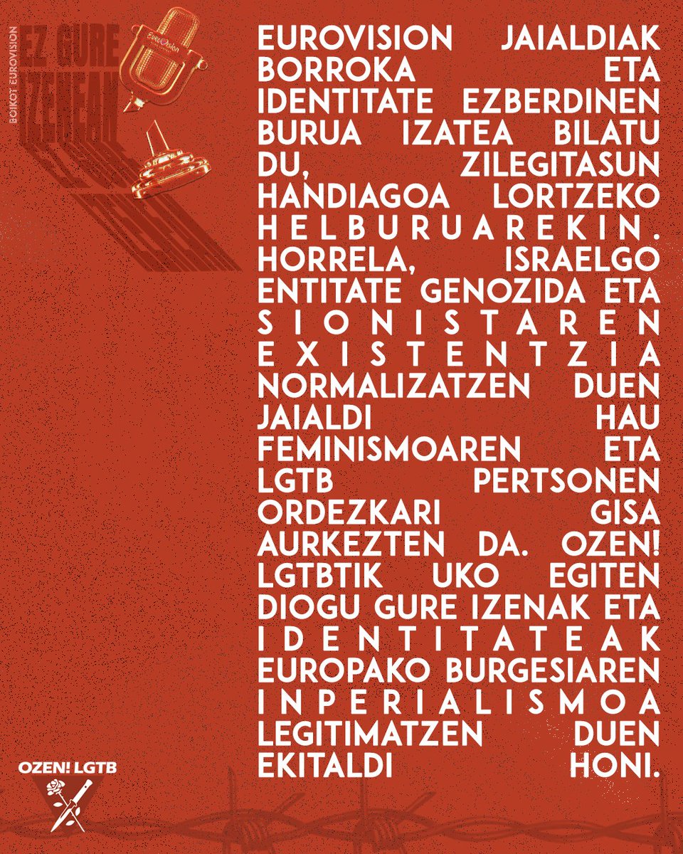 OZENlgtb's tweet photo. 🔥⛓️🏆💥INPERIALISMOAREN AURKA, LANGILEON BATASUNA! EUROVISION BOIKOTEATU!🔥⛓️🏆💥 https://t.co/6BgMSEBBJD