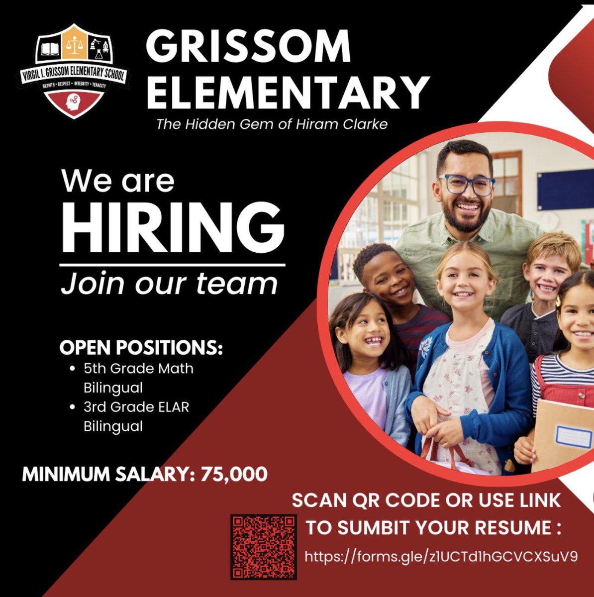 🚨We’re hiring! Grissom Elementary is looking for TWO bilingual teachers: 5th Math &amp; 3rd ELAR. 💵 starting salary: 75,000+
Make a difference, inspire young minds, &amp; join our amazing team! Apply today by using the QR code or link below ⬇️ #WeAreGrissom