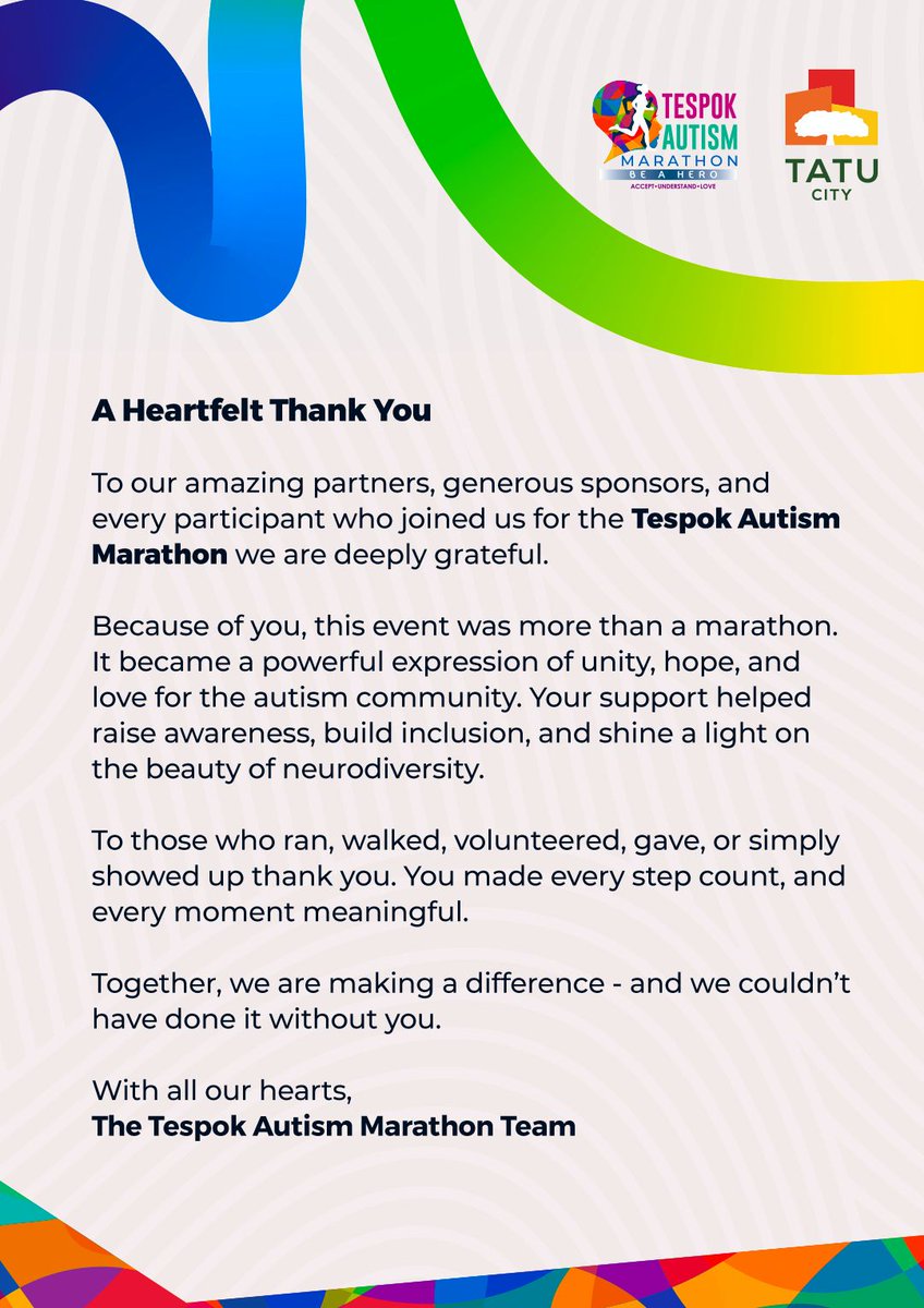 Thank you for making  #TESPOKAutismMarathon2025  possible!
To our sponsors, partners, participants, volunteers &amp; supporters your commitment and kindness made this journey unforgettable
Your support drives awareness, fosters inclusion &amp; builds a more compassionate future for all.