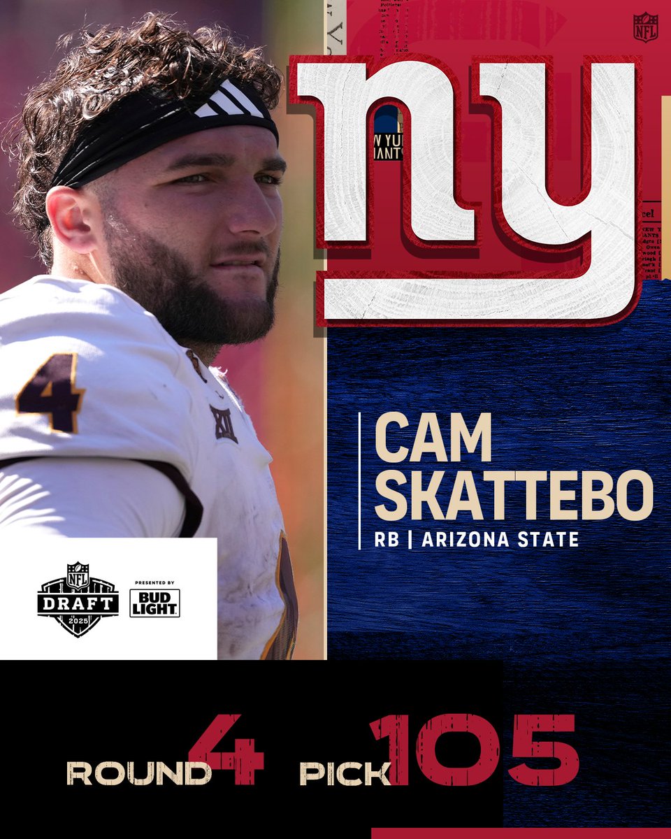 Round 4, No. 105 overall: <a href="/Giants/">New York Giants</a> select <a href="/ASUFootball/">Sun Devil Football</a> RB Cam Skattebo! #NFLDraft

nfl.com/draft/tracker/…