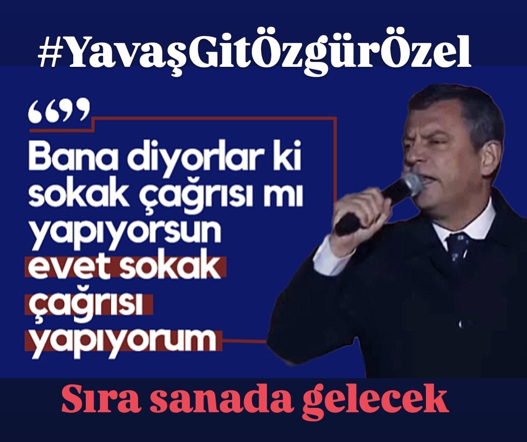 Sürekli
#Demokrasi
#Adalet ve #Özgürlük
nutukları atan,
Milli İrade'nin seçtigi
İktidarı devirmek için
Darbelere,yalanlara umut bağlayan
Ülkesini yabancılara şikayet ederek,
Hırsızlık yapanları savunan
#CHP
tuhaf bir parti haline gelmiş
#YavaşGit 
#ÖzgürÖzel
HERŞEYİN SIRASI VAR
