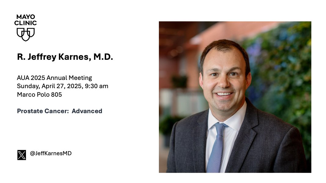 Mayo Clinic Urology (@mayourology) on Twitter photo Tomorrow - Don't miss @JeffKarnesMD at the podium for #AUA25!
"Prostate Cancer: Advanced"
Sunday, April 27, 2025
9:30 am
Marco Polo 805
<a href="/AmerUrological/">Amer. Urol. Assn.</a> #ProstateCancer Tomorrow - Don't miss @JeffKarnesMD at the podium for #AUA25!
"Prostate Cancer: Advanced"
Sunday, April 27, 2025
9:30 am
Marco Polo 805
<a href="/AmerUrological/">Amer. Urol. Assn.</a> #ProstateCancer