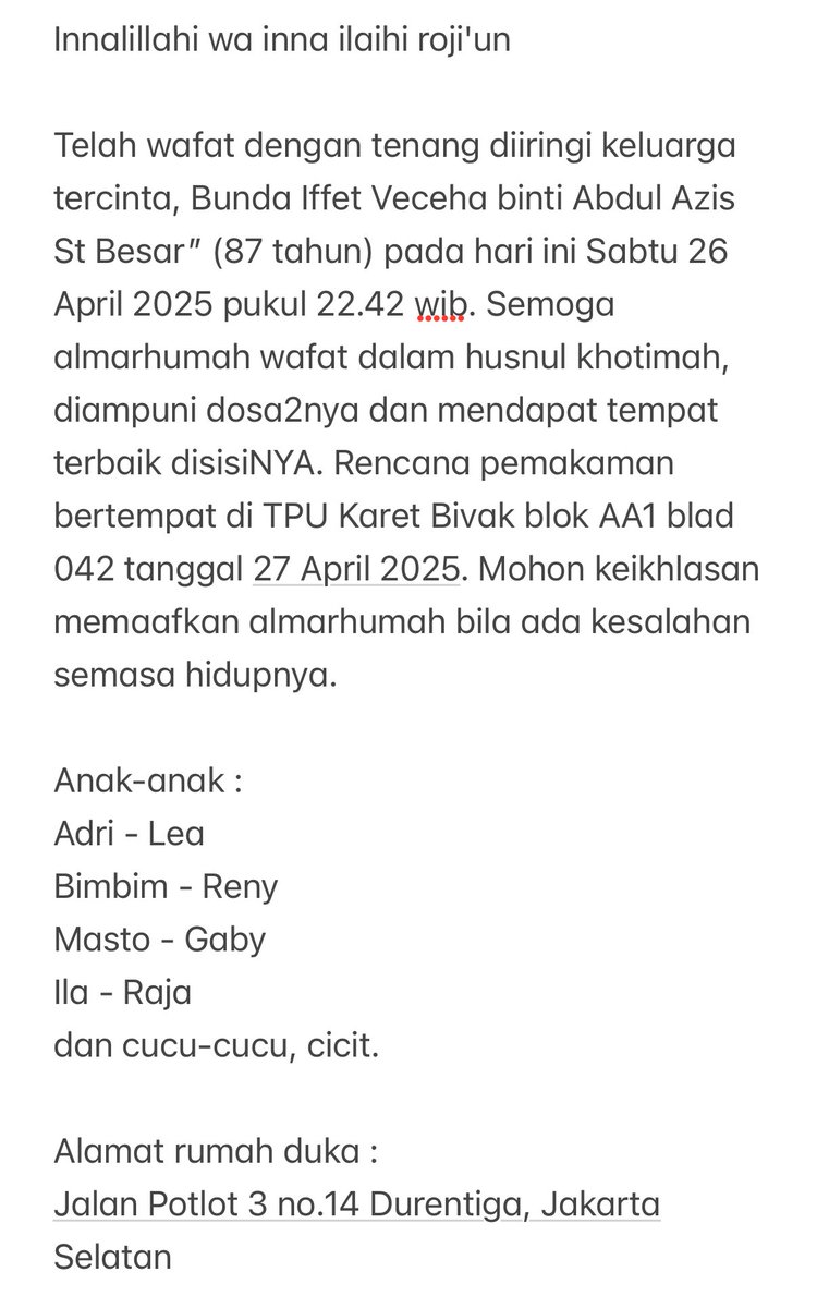 AdibHidayat's tweet photo. Duka cita mendalam atas berpulangnya Bunda Iffet, ibu dari Bimbim @slankdotcom pada Sabtu 26 April 2025 dalam usia 87 tahun. https://t.co/Q0OLpLpHbV