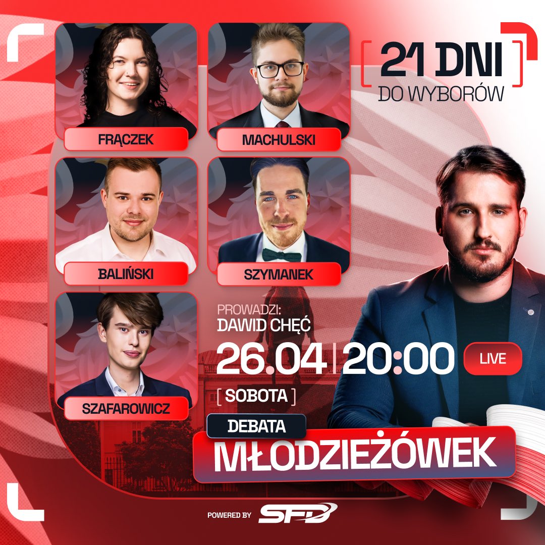 Już dzisiaj na Kanale Zero DEBATA Młodzieżówek, którą poprowadzi <a href="/Dawid_Chec/">Dawid Chęć</a>! 

W studio zobaczycie: ⤵️

• <a href="/fraczekkk/">Weronika Frączek</a> - <a href="/mlodalewica_/">Młoda Lewica</a> 
• <a href="/WMachulski/">Wojciech Machulski</a> - <a href="/MdW_Polska/">Młodzi Dla Wolności</a> 
• <a href="/SzymanekM_/">Mateusz Szymanek</a> - <a href="/Mloda_PL/">Młoda Polska</a> 
• <a href="/Szafarowicz2001/">Oskar Szafarowicz</a> - <a href="/FMPiS_Oficjalny/">Forum Młodych PiS</a> 
• <a href="/balinski_/">Bartosz Baliński</a> - <a href="/MlodziDemokraci/">Młodzi Demokraci</a> 

Do