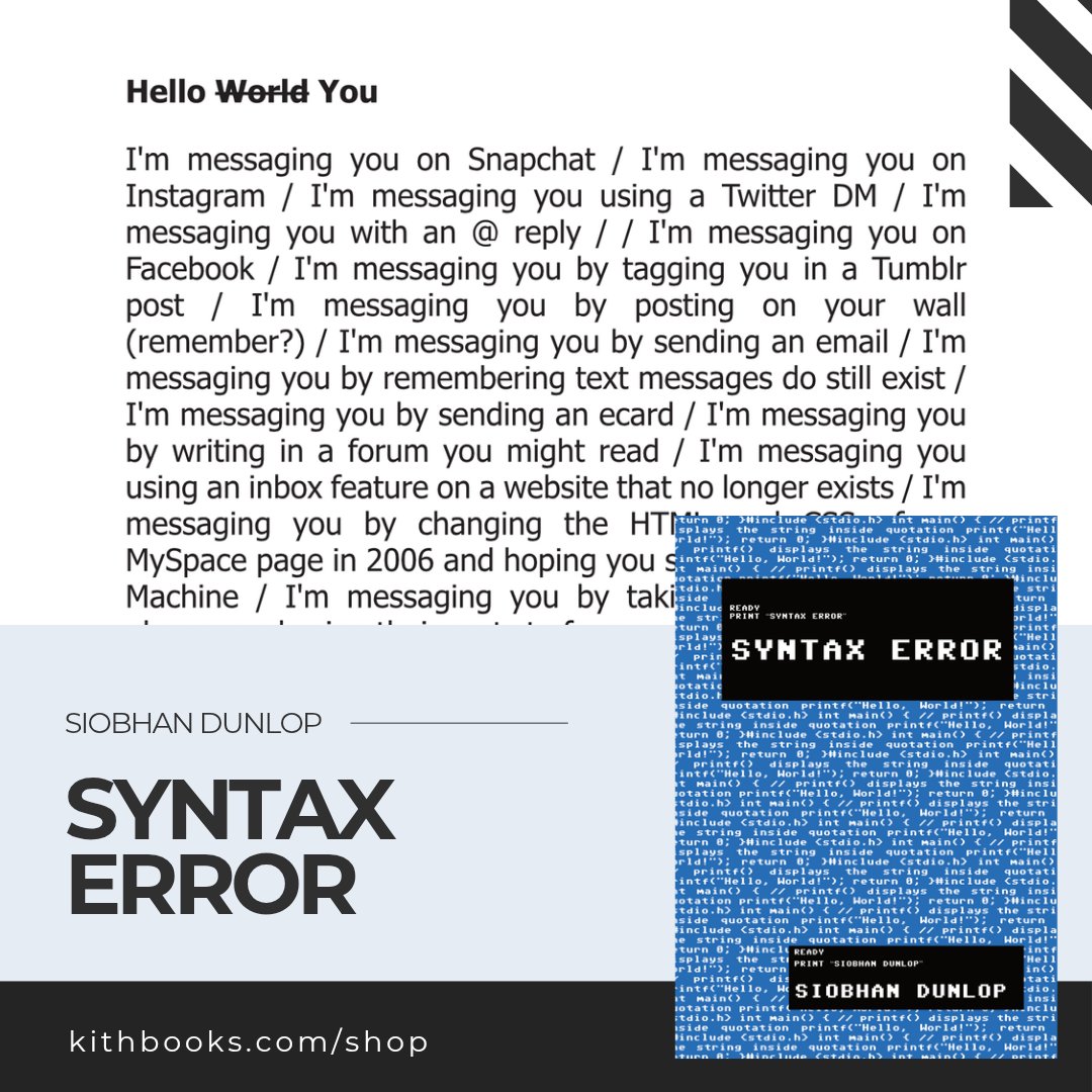 kith books (@kithbooks) on Twitter photo "I would recommend this book, not only for its cunning and captivating way with words, but to all future history students, as a record of our digital lives in late stage capitalism, just before our Cloud masters press Ctrl Alt Delete."
- JP Seabright (<a href="/errormessage/">JP Seabright ๐ค</a>)
<a href="/fiendfull/">Siobhan Dunlop</a> "I would recommend this book, not only for its cunning and captivating way with words, but to all future history students, as a record of our digital lives in late stage capitalism, just before our Cloud masters press Ctrl Alt Delete."
- JP Seabright (<a href="/errormessage/">JP Seabright ๐ค</a>)
<a href="/fiendfull/">Siobhan Dunlop</a>
