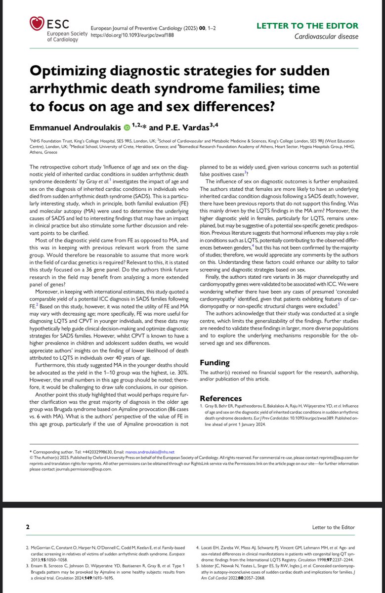 EmmanuelAndrou1's tweet image. Excited to share our new Editorial in EJPC!🌟
🎯Dive into how Age and Sex may affect ICC diagnosis in SADS decedents
🎯Role of Molecular Autopsy & Family Screening-Could shape clinical pathways and spark future research?
#SuddenCardiacDeath
#EJPC
academic.oup.com/eurjpc/advance…