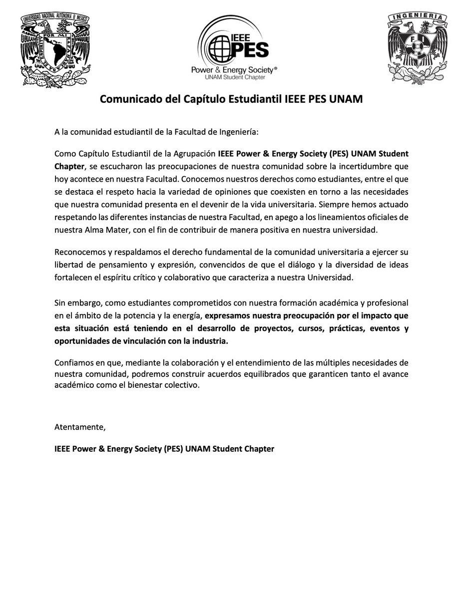 Ingeniería UNAM (@fiunam_mx) on Twitter photo Carta del Capítulo Estudiantil IEEE PES UNAM ante las afectaciones que están teniendo por el paro de actividades.
@die <a href="/DICT_FIUNAM/">División de Ingeniería en Ciencias de la Tierra</a> <a href="/dicyg/">DICyG - FI</a> <a href="/DIMEIFIUNAM/">DIMEIFIUNAM</a> <a href="/uatUnam/">Unidad de Alta Tecnología</a> <a href="/SocialesyHum_FI/">DCSyH FI UNAM</a> Carta del Capítulo Estudiantil IEEE PES UNAM ante las afectaciones que están teniendo por el paro de actividades.
@die <a href="/DICT_FIUNAM/">División de Ingeniería en Ciencias de la Tierra</a> <a href="/dicyg/">DICyG - FI</a> <a href="/DIMEIFIUNAM/">DIMEIFIUNAM</a> <a href="/uatUnam/">Unidad de Alta Tecnología</a> <a href="/SocialesyHum_FI/">DCSyH FI UNAM</a>
