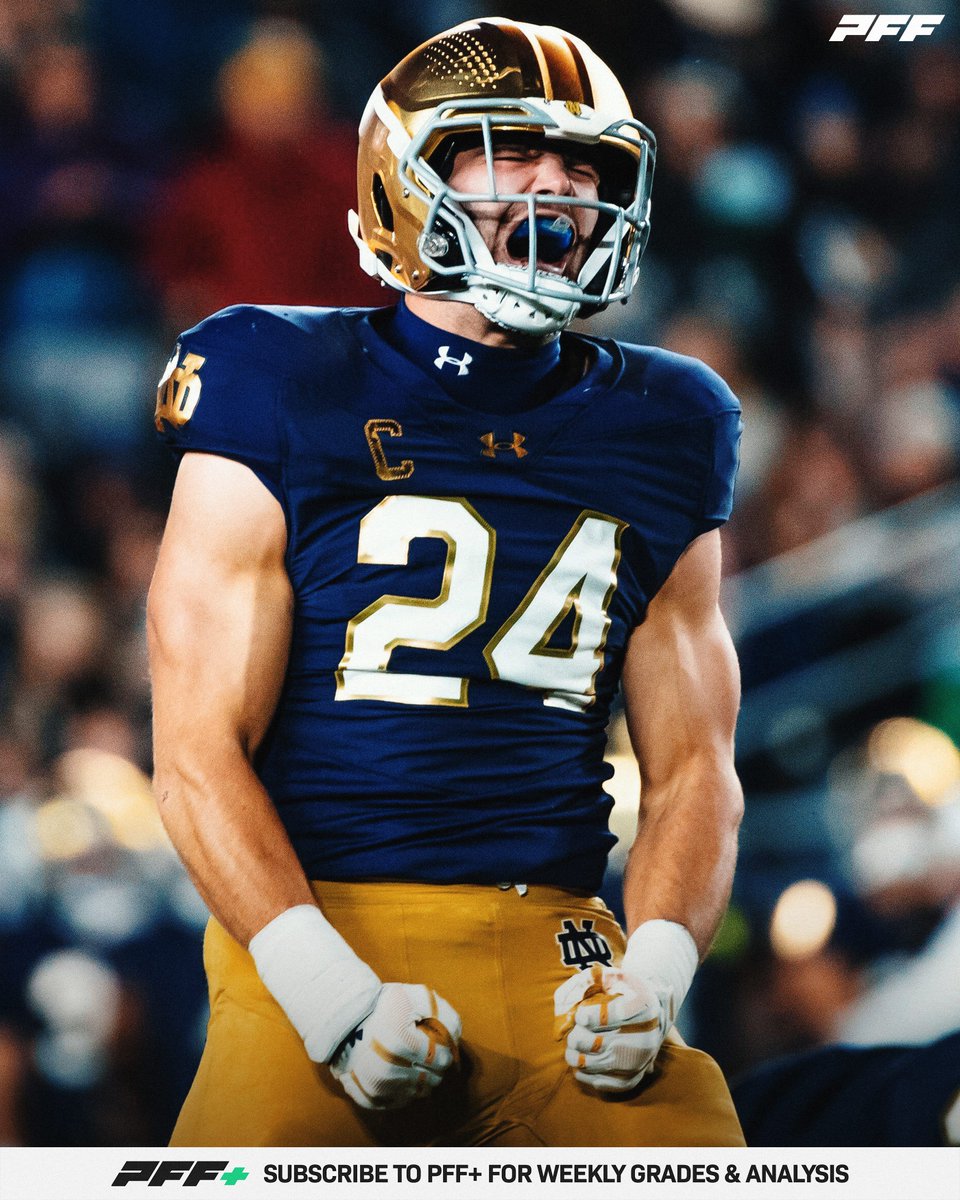 PFF_College's tweet image. Jacksonville Selects Notre Dame LB Jack Kiser 107th Overall
🐆 91.1 PFF Grade Since 2023 (2nd Among LBs)