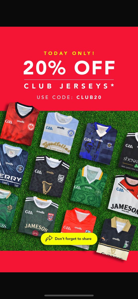 We are pleased to announce that we will be running 20% off promotion on club jerseys! This promotion will be on Sunday 27th April only.
 
To receive the discount, enter promo code CLUB20 at checkout.
 
 Ends Midnight Sunday
T&amp;Cs apply
