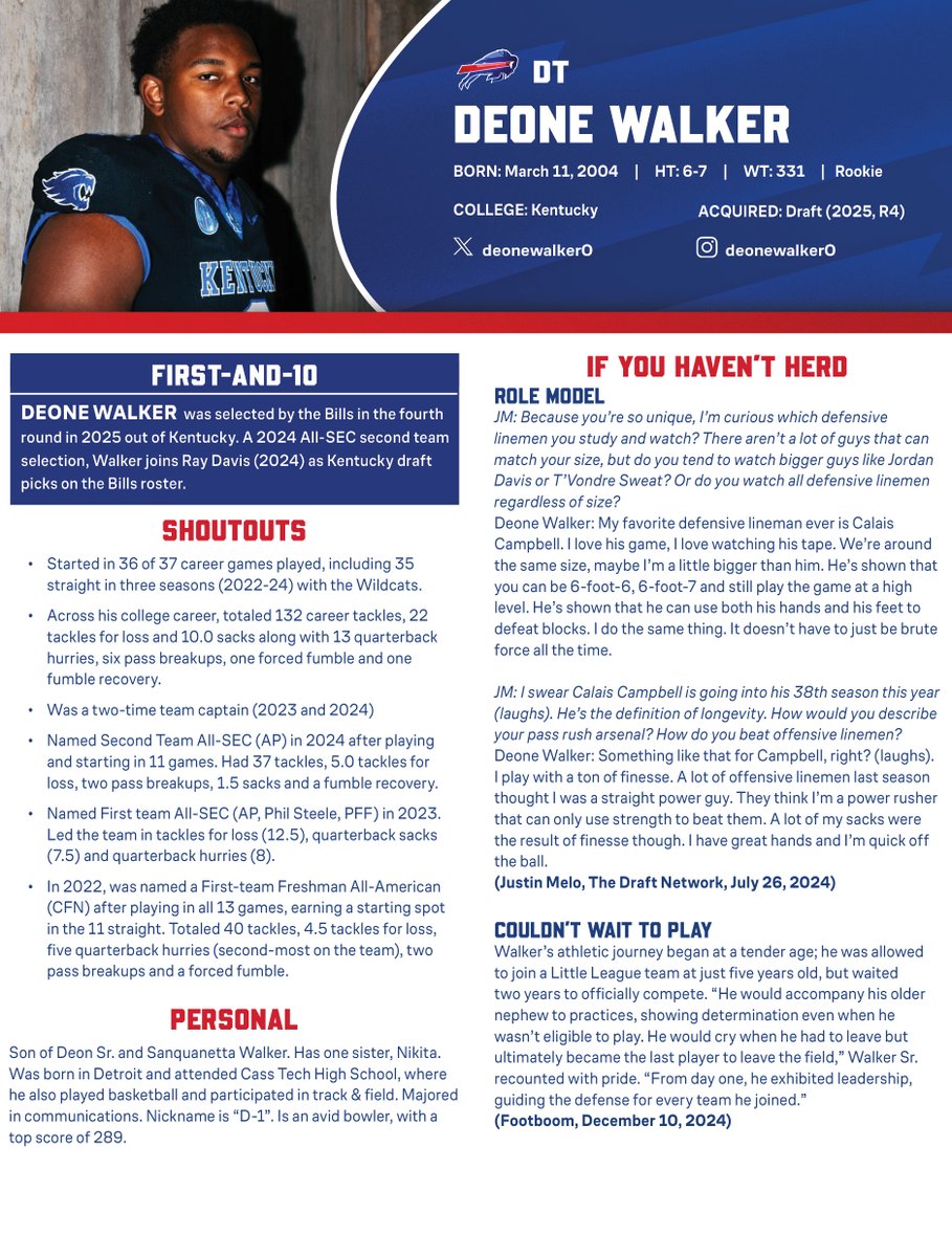 BuffaloBillsPR's tweet image. With the 109th overall pick, the Bills have selected DT Deone Walker out of Kentucky.