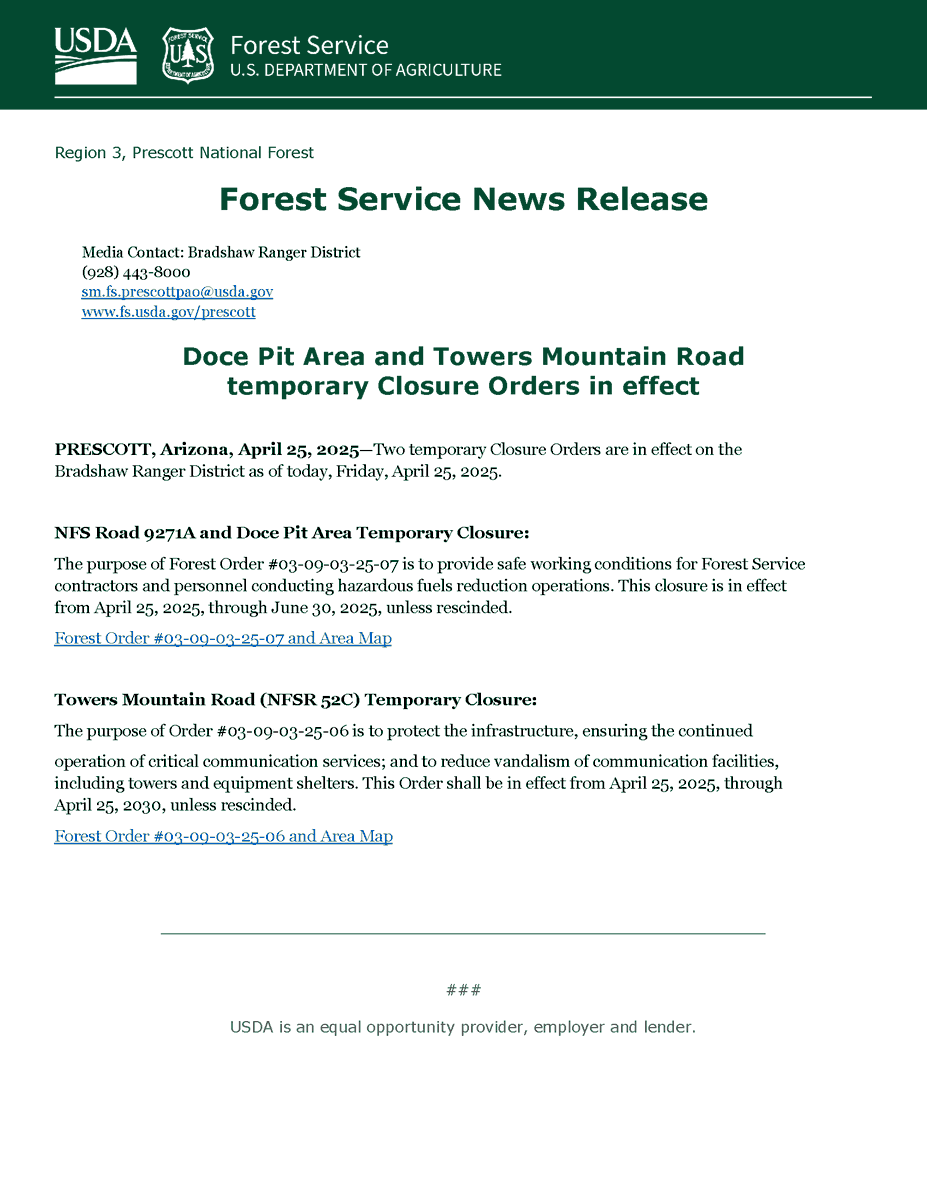 Doce Pit and Towers Mtn Road temporary closures in effect. News release dated 4/25/25: fs.usda.gov/r03/prescott/n…