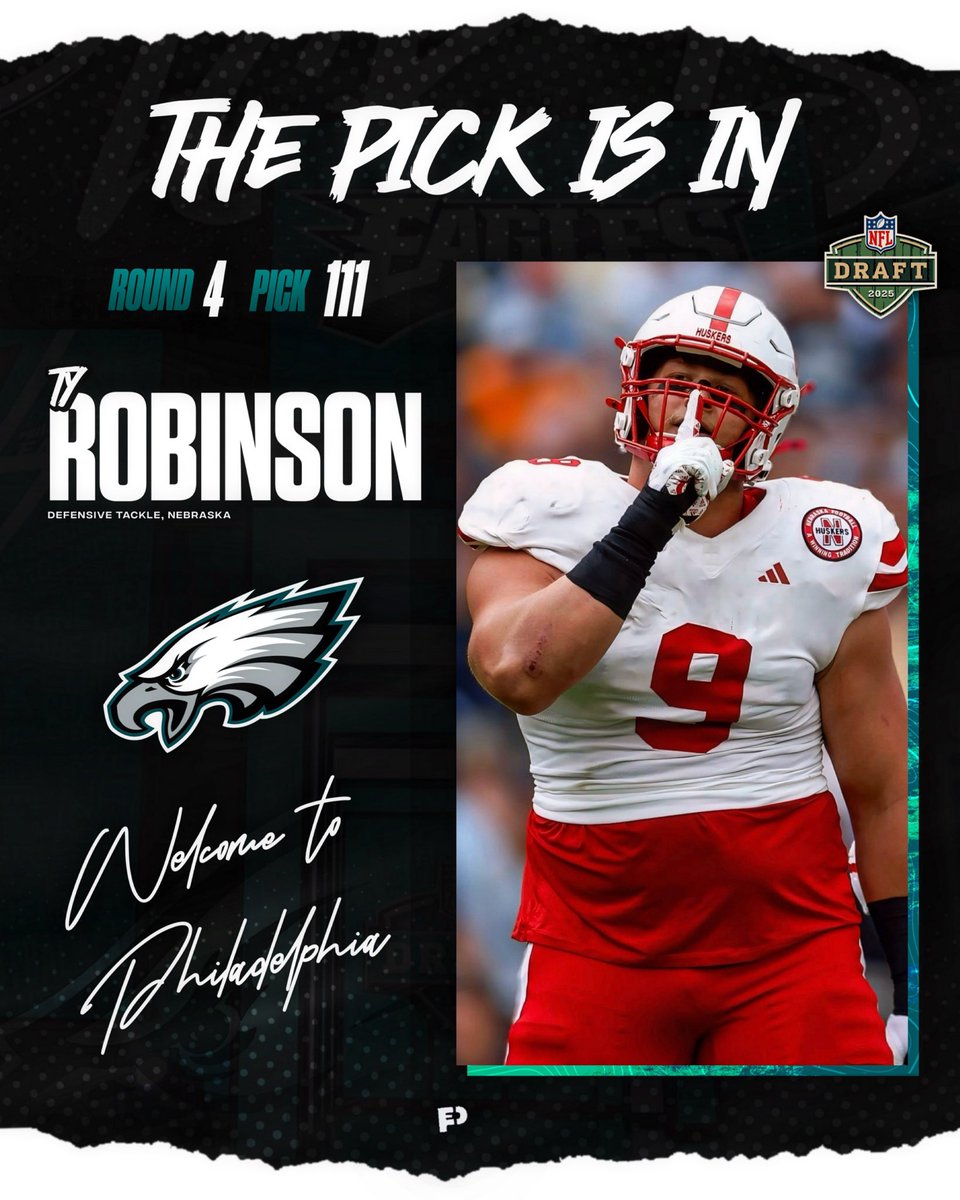 🚨BREAKING: With the 111th pick in the 2025 NFL Draft the Philadelphia Eagles select:

Ty Robinson, DT (Nebraska)

Welcome to Philadelphia!
