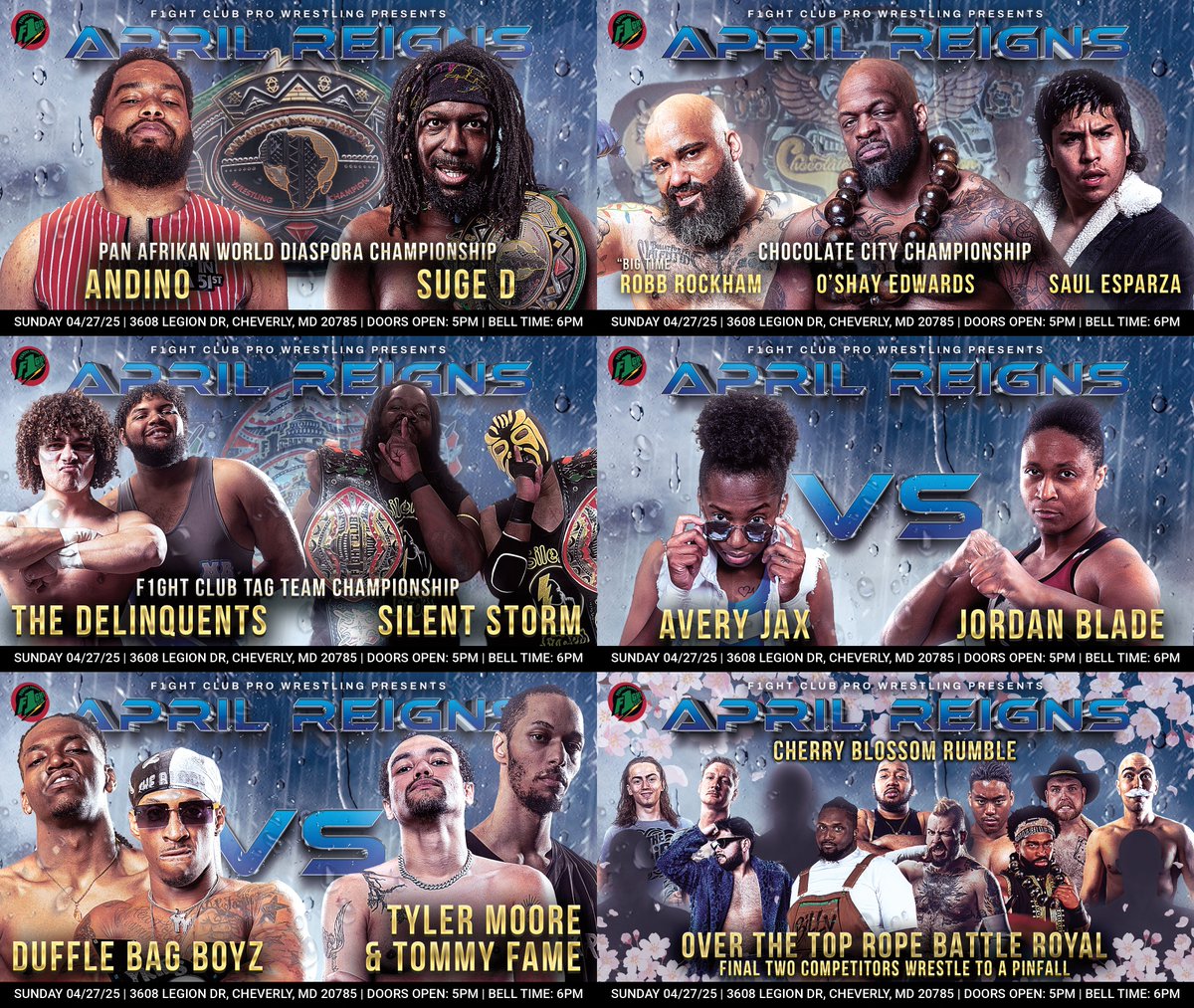 PAWD_WC's tweet photo. A STACKED card for #AprilReigns and it's only ONE DAY AWAY!

Pan Afrikan World Diaspora Championship
@Studio_Andino vs @SugarDunkerton (C)

Chocolate City Championship
@bigtimerobb vs @supastarSaul vs @BigBadKaiju (C) 

F1ght Club Tag Team Championship
The Delinquents (@joshfullerpw & @mikey_banker vs. Silent Storm (@mikethunderstyl & @Mur2Times) (C)

@itsaveryjax vs @Jordan_Blade92 

Duffle Bag Boyz (@iccyv32 & @DatsYkies) vs @DatBoiMoore & @jtommy302 

🌺The Cherry Blossom Rumble, featuring @TheBillyDixon, @ViolentBreedJBA, @KeoVandu and MORE!!