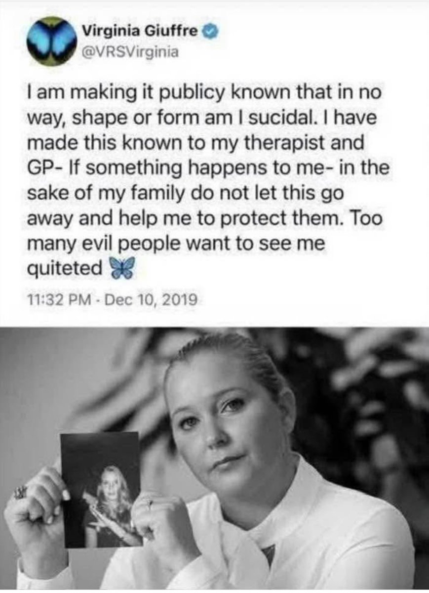 This. Say her name:, #JusticeForVirginiaGiuffre 

#epsteindidntkillhimself