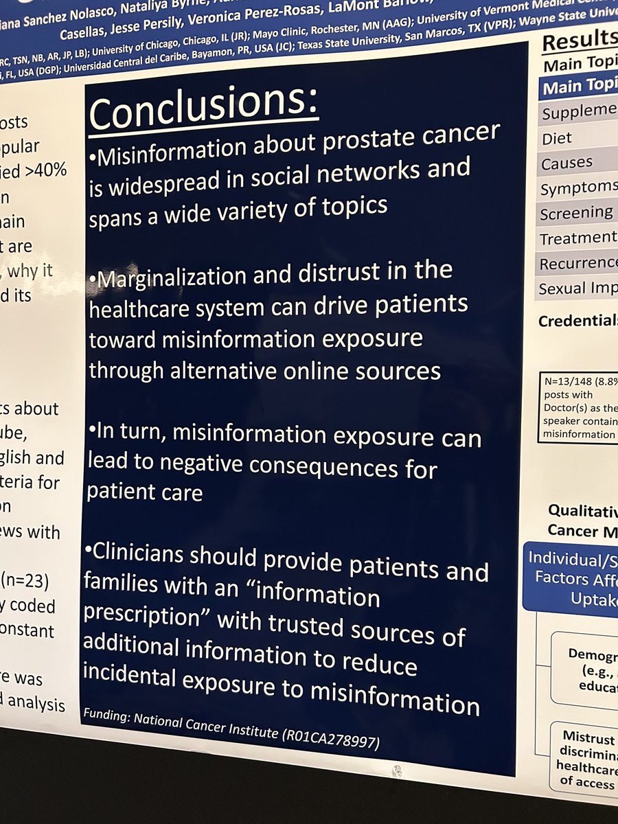 Presenting our latest data about online misinformation about #prostatecancer which is unfortunately quite pervasive in English &amp; Spanish, spanning a variety of topics (causes, symptoms, screening, alternative therapy etc), w/ negative consequences for patient care #aua25 IP04-08