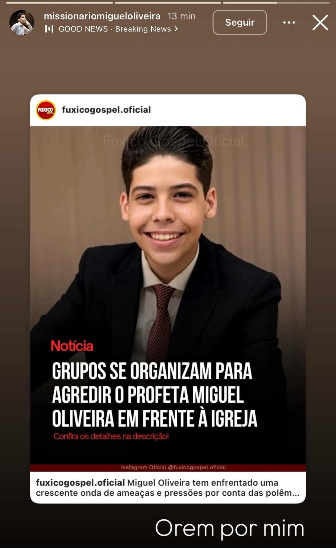 Pastor mirim pede orações na web - Foto: Instagram