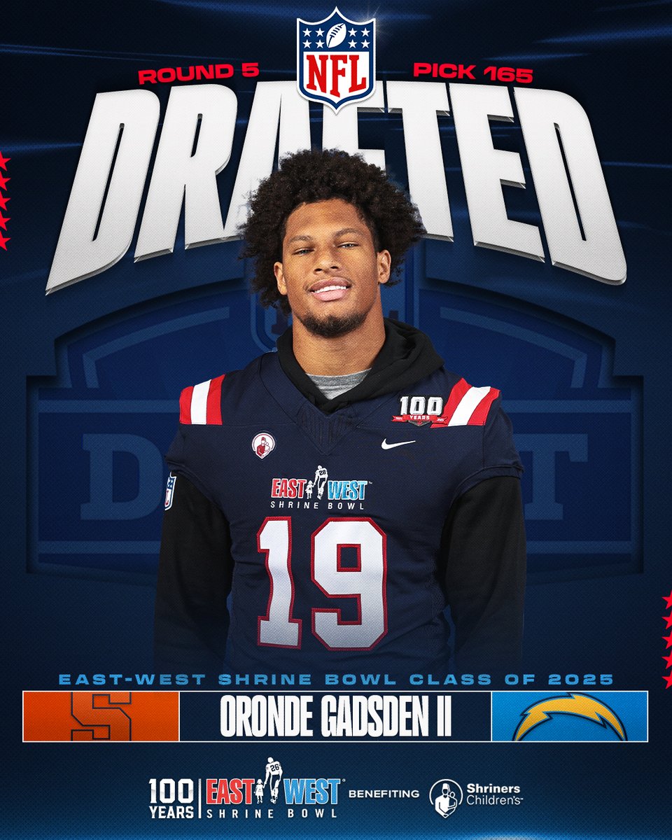 East-West Shrine Bowl (@shrinebowl) on Twitter photo #ShrineBowl ➡️ <a href="/NFL/">NFL</a>
Congratulations to Oronde Gadsden II (<a href="/Orondegii/">Oronde Gadsden II</a>) from <a href="/CuseFootball/">Syracuse Football</a> on being drafted by the <a href="/chargers/">Los Angeles Chargers</a> in the 2025 #NFLDraft!
#ShrineBowlPRO | #BoltUp #ShrineBowl ➡️ <a href="/NFL/">NFL</a>
Congratulations to Oronde Gadsden II (<a href="/Orondegii/">Oronde Gadsden II</a>) from <a href="/CuseFootball/">Syracuse Football</a> on being drafted by the <a href="/chargers/">Los Angeles Chargers</a> in the 2025 #NFLDraft!
#ShrineBowlPRO | #BoltUp
