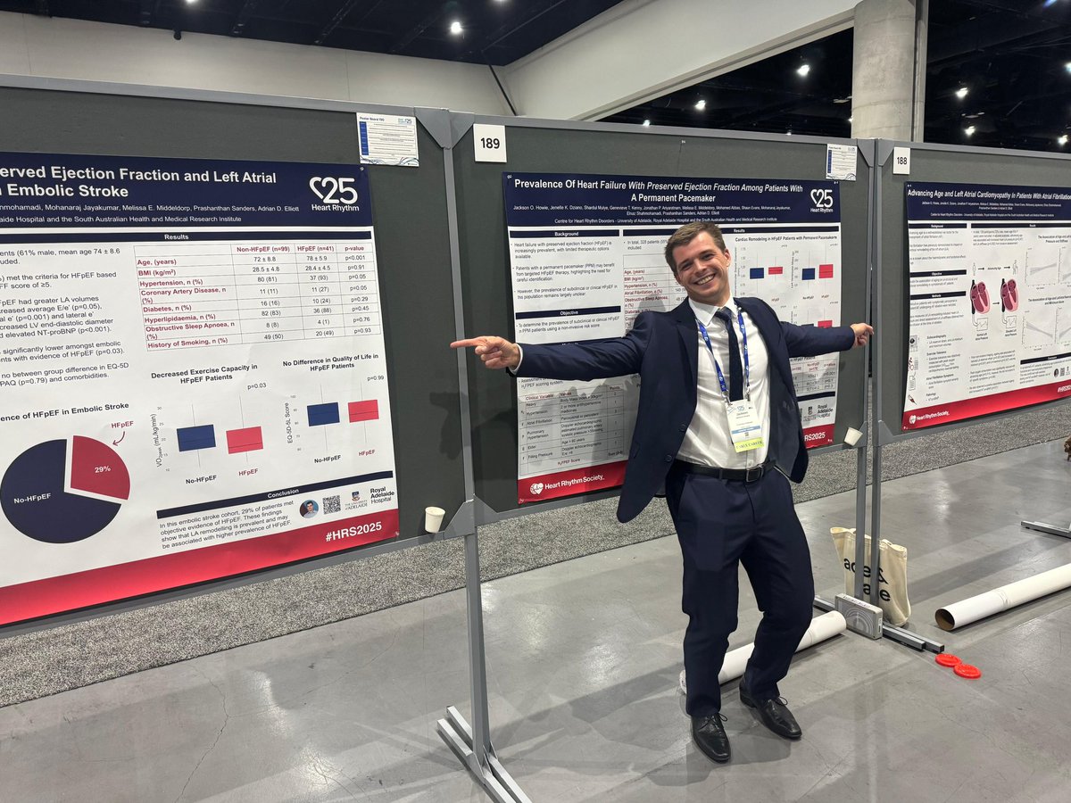 Jenelle Dziano (@jenelledziano) on Twitter photo Stop by Allied Health Posters in the Exhibition Hall #188-190 and chat with <a href="/JacksonHowie14/">Jackson Howie</a> who is presenting work on ageing and the LA, as well as the prevalence of HFpEF in patients with pacemakers or following a stroke.
#CHRD #HFpEF #HRS2025 Stop by Allied Health Posters in the Exhibition Hall #188-190 and chat with <a href="/JacksonHowie14/">Jackson Howie</a> who is presenting work on ageing and the LA, as well as the prevalence of HFpEF in patients with pacemakers or following a stroke.
#CHRD #HFpEF #HRS2025