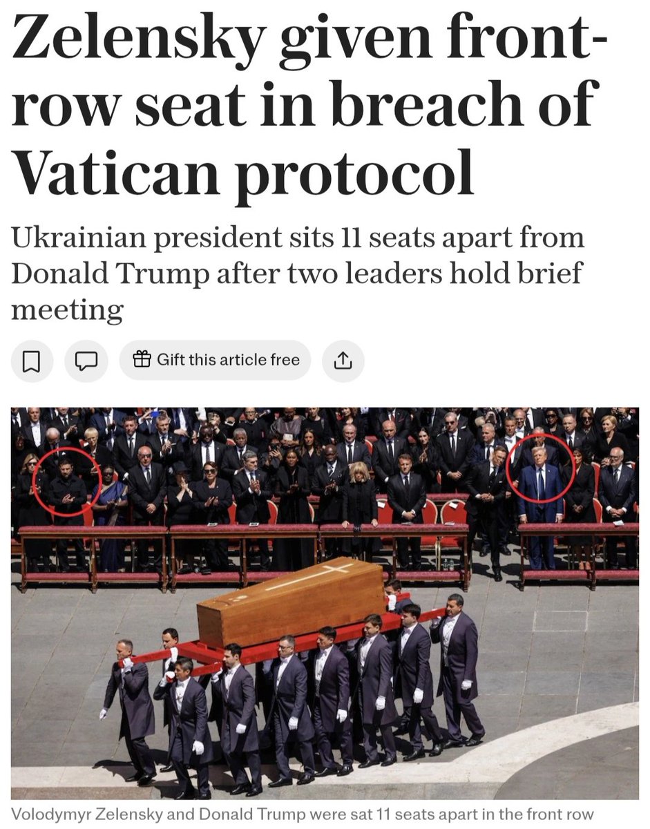 In a historic show of support, the Vatican broke protocol to ensure President Zelenskyy sat in the front row, that too without a suit. And his arrival was roundly applauded. 

That's the level of respect the world has for Ukraine &amp; Zelenskyy.

Ukraine will never be alone.