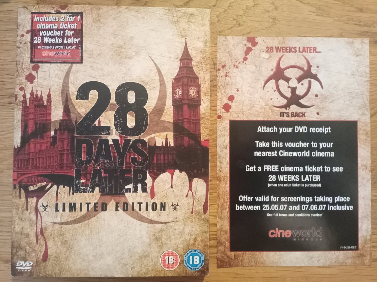 Tracked down my DVDs of #28DaysLater and #28WeeksLater ready for the next installment and found this little treat for <a href="/cineworld/">Cineworld</a> inside. Missed the deadline though, gutted! #physicalmediaforever