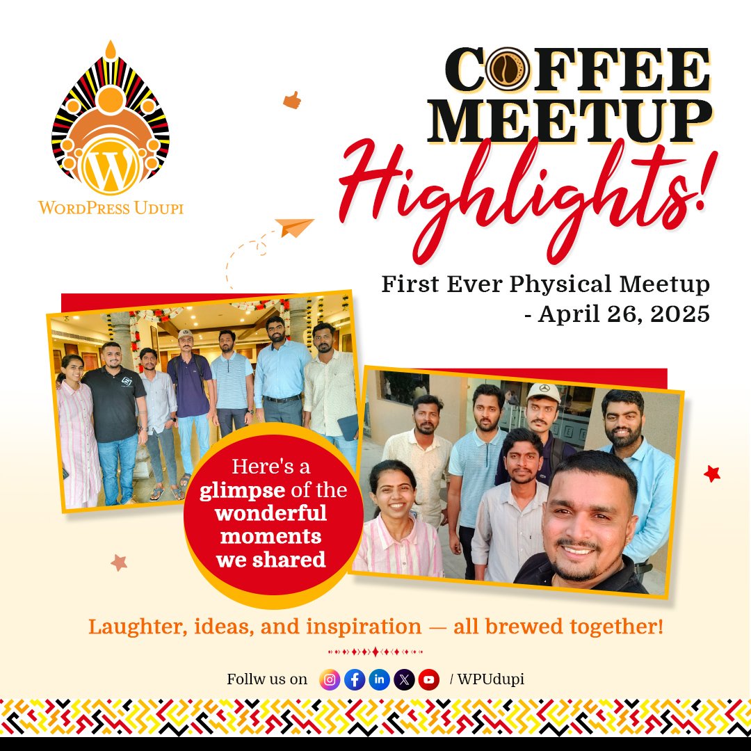 Brewing connections, conversations, and creativity! ☕

Our first-ever physical Coffee Meetup was filled with laughter, learning, and unforgettable moments. 😍

Cheers to new beginnings and a vibrant WordPress Udupi community! 🎉

#CoffeeMeetup #WordPress #WPUdupi