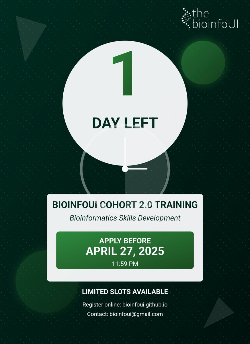 BioinfoUI's tweet image. 🚨 LAST CHANCE! 

Just 1 DAY LEFT to apply for our  bioinformatics training programme for students around the University of Ibadan. 

Register by April 27 at bioinfoui.github.io