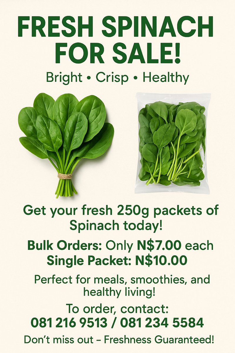 Ndinandali's tweet photo. Fresh, crisp, and ready for you!
Get your 250g pack of spinach for just N$7.00 (bulk) or N$10.00 (single)!
Healthy eating made easy.
Order now: 081 216 9513 | 081 234 5584

#FreshSpinach #HealthyLiving #Namibia https://t.co/ibrfWW0VR8