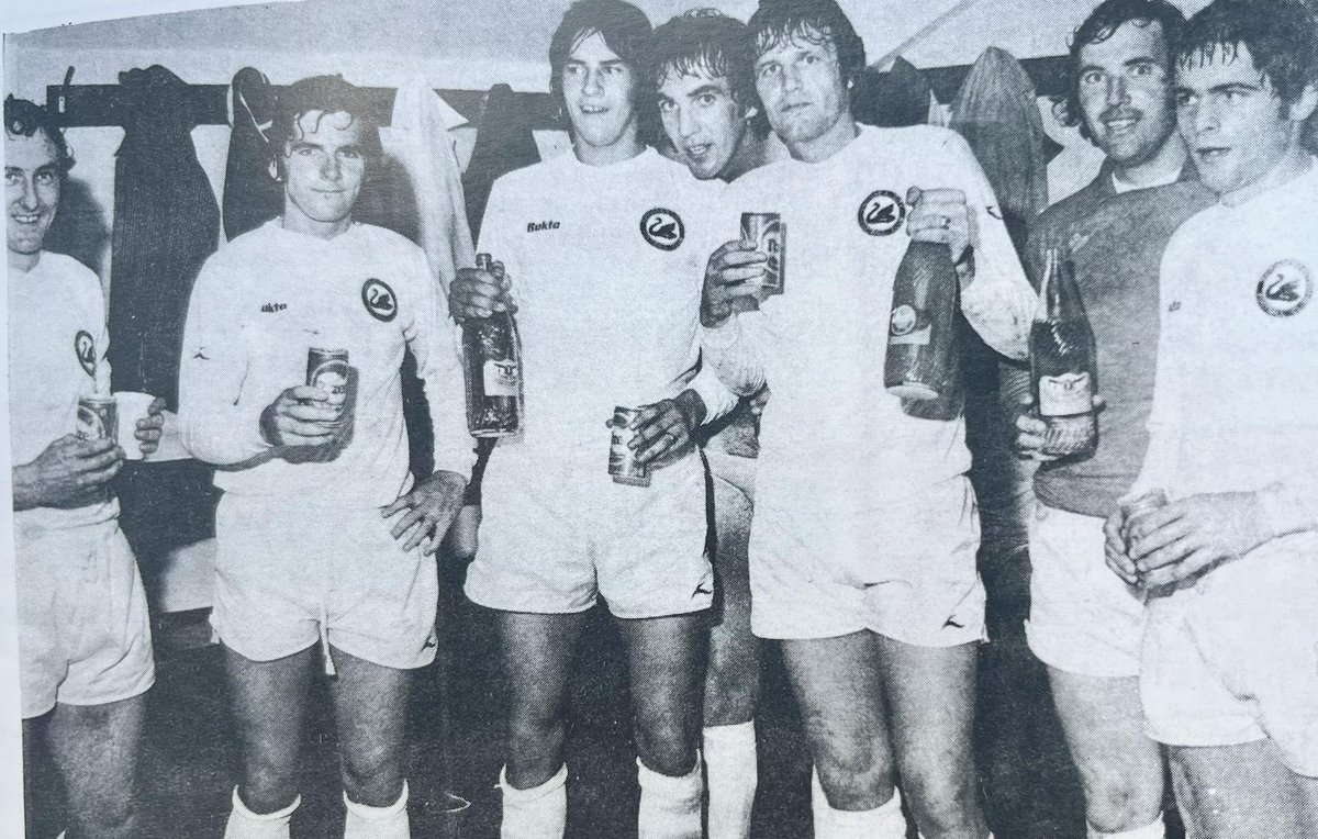 Stunning rare pic of Tosh's Super Swans celebrating after a 3-0 win over Lincoln in our first home game of the 1978/79 promotion season. Danny Bartley, Wyndham, Charlo, Alan Waddle, Tosh, Geoff Crudgington and Kevin Moore.
