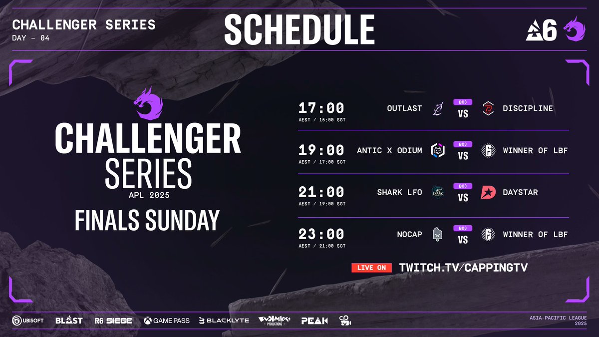 CappingTV (@cappingtv) on Twitter photo 🏆 FINALS SUNDAY IS HERE! 🏆 <a href="/R6esportsASIA/">Rainbow Six Esports Asia</a> <a href="/R6esportsOCE/">Rainbow Six Esports OCE</a> Challenger Series Championship Day!
It all comes down to this. From ~60 teams down to the final 6, only one can be crowned champion of their region!
📺 LIVE 17:00 AEST / 15:00 SGT / 09:00 CEST
🔴 ttv/CappingTV 🏆 FINALS SUNDAY IS HERE! 🏆 <a href="/R6esportsASIA/">Rainbow Six Esports Asia</a> <a href="/R6esportsOCE/">Rainbow Six Esports OCE</a> Challenger Series Championship Day!
It all comes down to this. From ~60 teams down to the final 6, only one can be crowned champion of their region!
📺 LIVE 17:00 AEST / 15:00 SGT / 09:00 CEST
🔴 ttv/CappingTV