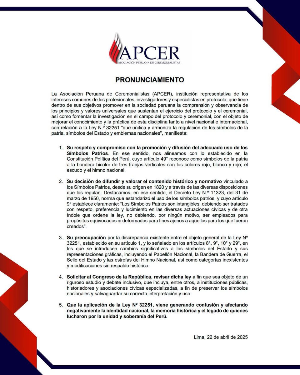 (…) con el objeto de mejorar el conocimiento y la práctica de esta disciplina tanto a nivel nacional e internacional, con relación a la Ley N.º 32251 “que unifica y armoniza la regulación de los símbolos de la patria, símbolos del Estado y emblemas nacionales”, manifiesta: