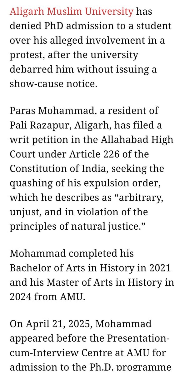 RazaMadiha_'s tweet photo. Unbelievable injustice!! Paras Mohammad @alig_waris expelled from AMU without notice or hearing, denied his rightful PhD admission.This is not just injustice, it's cruelty. How long will our students suffer like this?? Cruelty in the name of discipline must end.  #StandWithParas https://t.co/XCbx7Ftk4i