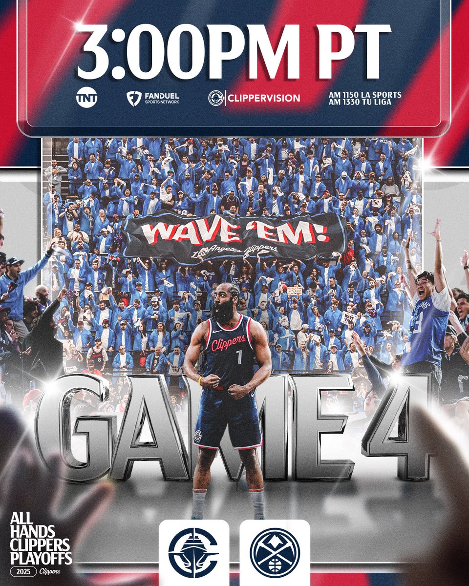 LAClippers's tweet image. GAME FOUR AT @INTUITDOME. 

🕖 3:00PM PT
🆚 @nuggets 
📺 @NBAonTNT, @FanDuelSN_West, @Clipper_Vision 
📻 KEIB AM 1150, @TuLigaRadio
🎟️ on.nba.com/3G7xZED
