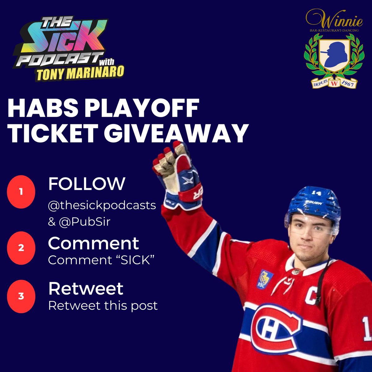 The Sick Podcast with Tony Marinaro (@thesickpodcasts) on Twitter photo ‼️HABS PLAYOFF TICKETS GIVEAWAY‼️
We are giving away 2 tickets to Habs vs Capitals game 4!
To enter:
- Follow <a href="/thesickpodcasts/">The Sick Podcast with Tony Marinaro</a> & <a href="/PubSir/">Sir Winston Churchill Pub</a>
- Retweet this post
- Comment "SICK"
#GoHabsGo #thesickpodcast
<a href="/TonyMarinaro/">Tony Marinaro</a> ‼️HABS PLAYOFF TICKETS GIVEAWAY‼️
We are giving away 2 tickets to Habs vs Capitals game 4!
To enter:
- Follow <a href="/thesickpodcasts/">The Sick Podcast with Tony Marinaro</a> & <a href="/PubSir/">Sir Winston Churchill Pub</a>
- Retweet this post
- Comment "SICK"
#GoHabsGo #thesickpodcast
<a href="/TonyMarinaro/">Tony Marinaro</a>