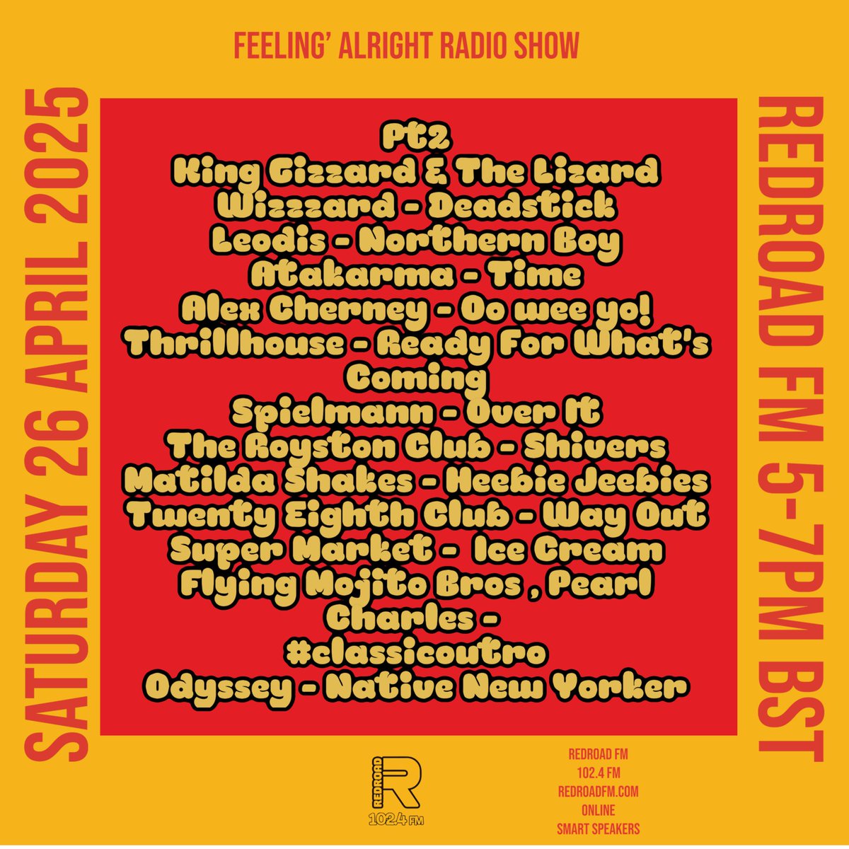 FeelinAlright (@feelinpromo) on Twitter photo NOW on today’s #feelinalrightradioshow on <a href="/RedroadFM/">Redroad FM</a> 5-7pm BST Pt2 <a href="/kinggizzard/">King Gizzard</a> Leodis <a href="/Atakarma/">Atakarma</a> Alex Cherney <a href="/thrillhouseok/">Thrillhouse</a> <a href="/spielmannsongs/">Spielmann</a> <a href="/TheRoystonClub/">The Royston Club</a> <a href="/MatildaShakes/">Matilda Shakes</a> Twenty Eighth Club, Super Market, <a href="/FlyinMojitoBros/">Flying Mojito Bros</a> <a href="/pearl_charles/">Pearl Charles</a> #classicoutro Odyssey #newmusic #locallist NOW on today’s #feelinalrightradioshow on <a href="/RedroadFM/">Redroad FM</a> 5-7pm BST Pt2 <a href="/kinggizzard/">King Gizzard</a> Leodis <a href="/Atakarma/">Atakarma</a> Alex Cherney <a href="/thrillhouseok/">Thrillhouse</a> <a href="/spielmannsongs/">Spielmann</a> <a href="/TheRoystonClub/">The Royston Club</a> <a href="/MatildaShakes/">Matilda Shakes</a> Twenty Eighth Club, Super Market, <a href="/FlyinMojitoBros/">Flying Mojito Bros</a> <a href="/pearl_charles/">Pearl Charles</a> #classicoutro Odyssey #newmusic #locallist