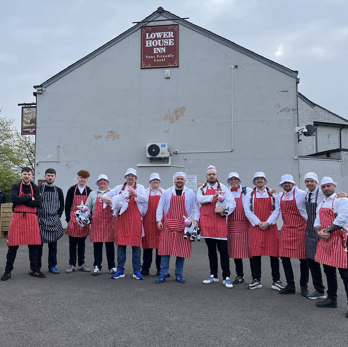 Veganella_'s tweet photo. So these Oldham Athletic fans dressed up as butchers for their match against #vegan team, Forest Green Rovers, and they lost. 😆 https://t.co/4x0NfId3FW