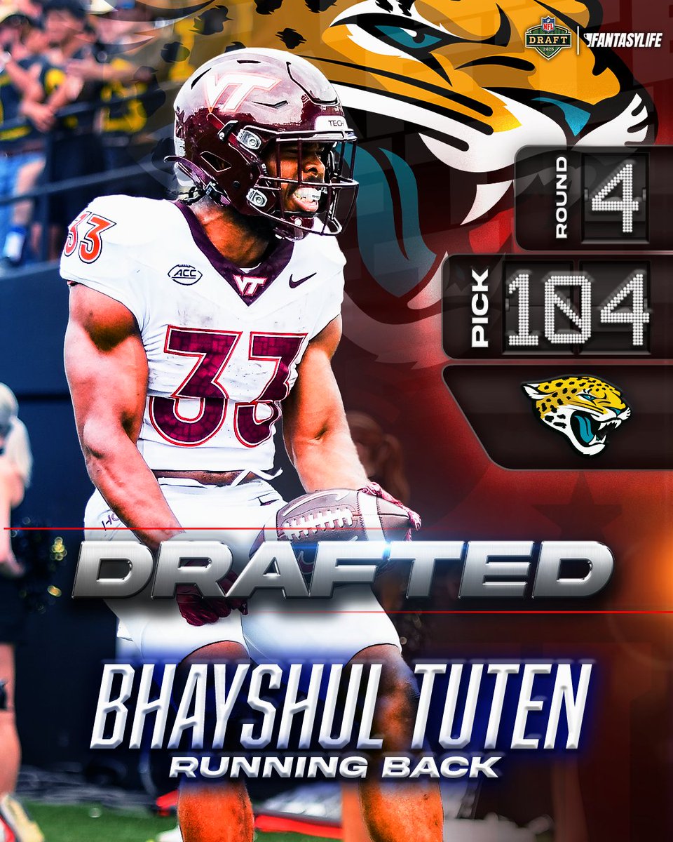 MBFantasyLife's tweet image. The JAGS selected RB Bhayshul Tuten — aka King Tuten as @thorku calls him — with the No. 104 overall pick!
#NFLDraft