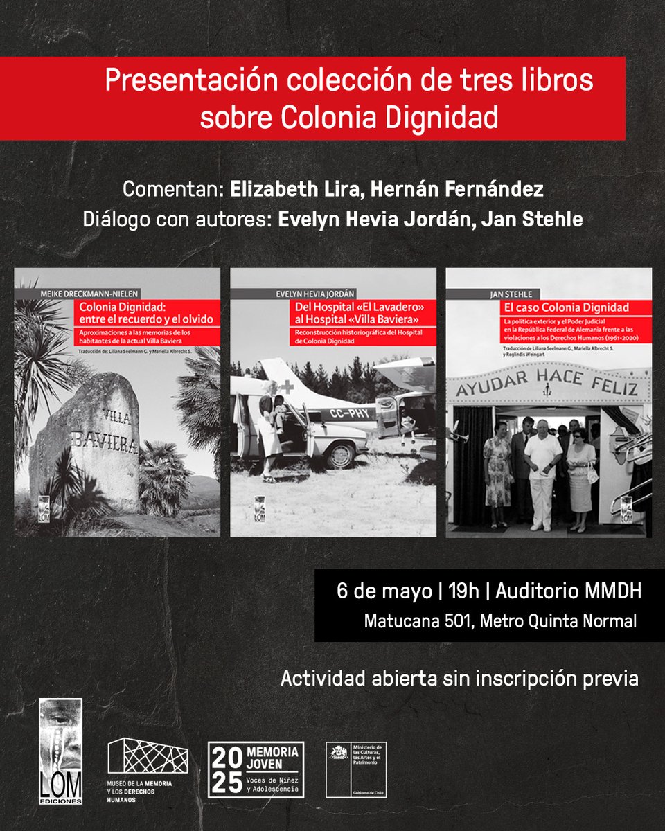 Museo de la Memoria y los Derechos Humanos (@museomemoriacl) on Twitter photo 📕Les invitamos a esta presentación que reúne tres libros que indagan y conversan sobre Colonia Dignidad
Estas investigaciones buscan desentrañar respuestas a los numerosos crímenes contra los dd.hh y los enigmas que rodean a la actual ”Villa Baviera”
🔻
mmdh.cl/cartelera/conv… 📕Les invitamos a esta presentación que reúne tres libros que indagan y conversan sobre Colonia Dignidad
Estas investigaciones buscan desentrañar respuestas a los numerosos crímenes contra los dd.hh y los enigmas que rodean a la actual ”Villa Baviera”
🔻
mmdh.cl/cartelera/conv…