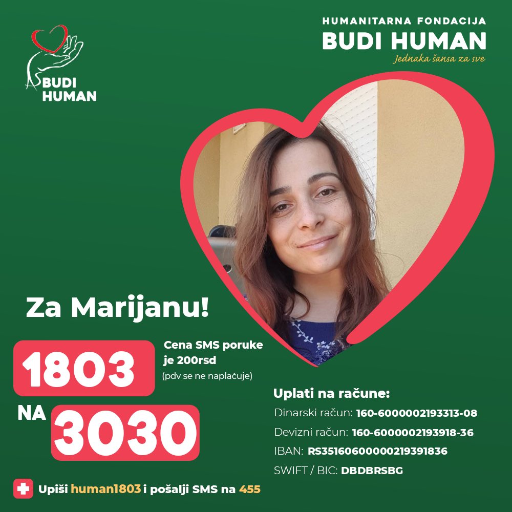budihuman's tweet photo. Pomozimo Marijani!

Upišimo 1803 i pošaljimo SMS na 3030

https://t.co/GXACxTXj4g

#budihuman #jednakašansazasve https://t.co/5j6H7i3raL