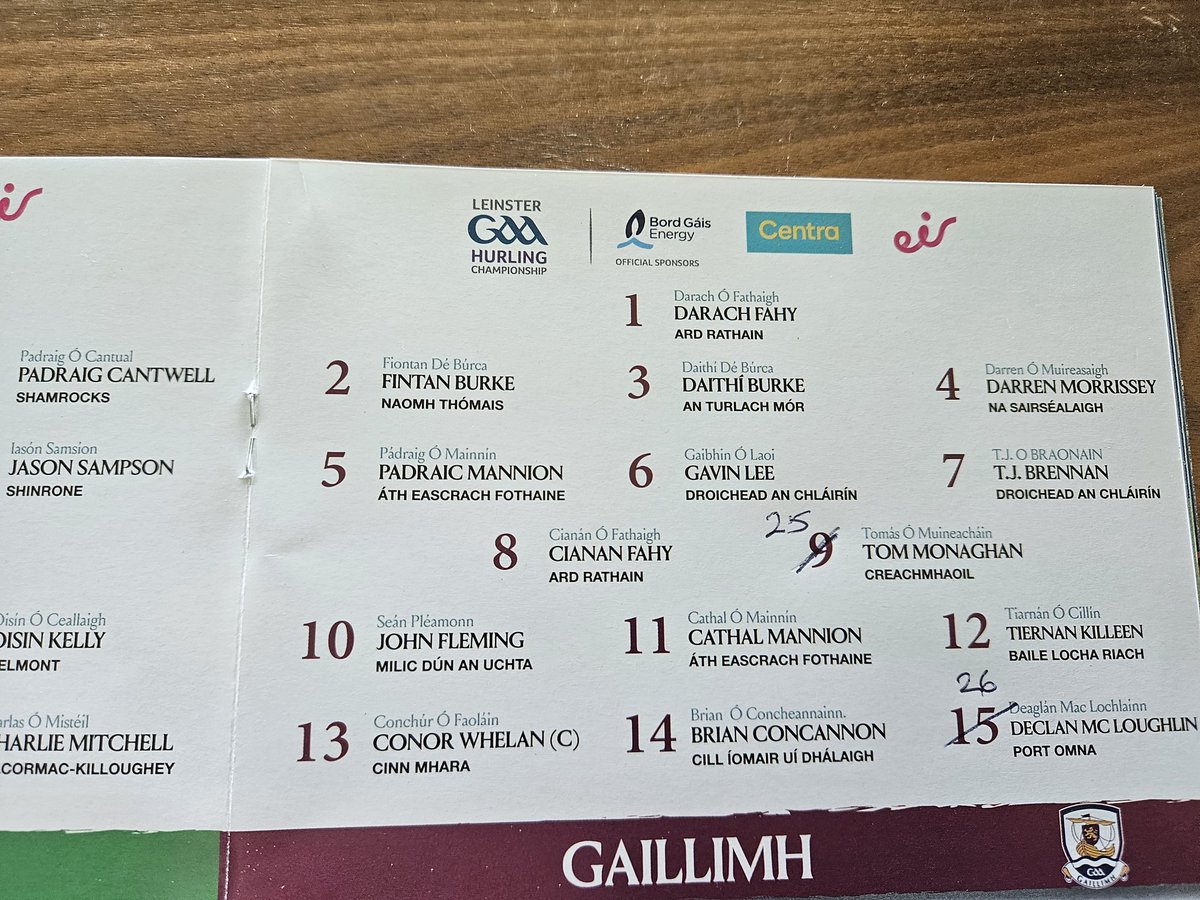 Tá dhá athrú ar fhoireann <a href="/Galway_GAA/">Galway GAA Official</a>
Uimhir 26 Dáithí de Búrca in áit uimhir 9 Tom Ó Muineacháin.
Uimhir 26 Colm Ó Maoildhia in áit uimhir 15 Deaglán Mac Lochlainn.
Níl aon athrú ar <a href="/Offaly_GAA/">Official Offaly GAA</a> 
<a href="/SportRnaG/">RnaG Spórt</a>