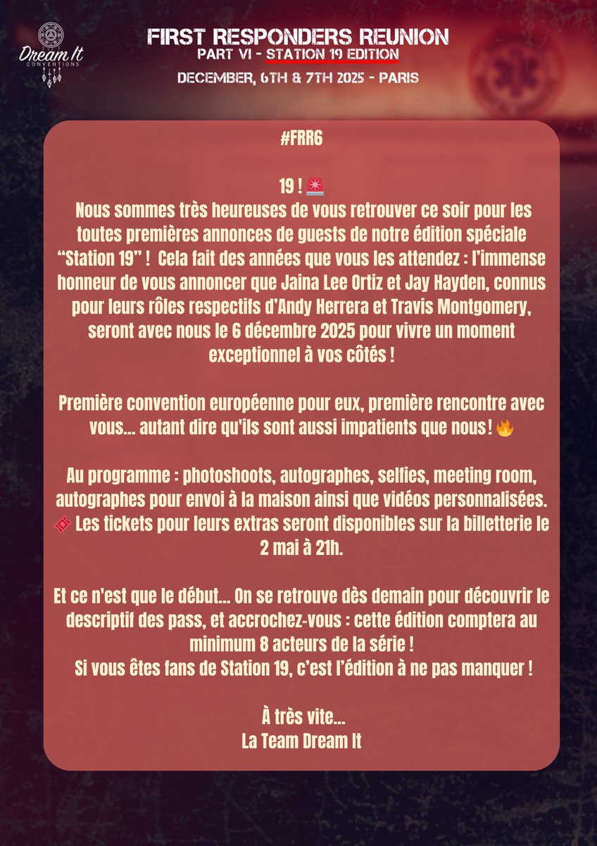#FRR6 19! 🚨 Vous les attendiez depuis des années: nous avons l’honneur de vous annoncer que Jaina Lee Ortiz (Andy Herrera) et Jay Hayden (Travis Montgomery) seront avec nous le 6 décembre 2025 pour leur toute première convention européenne. Accrochez-vous pour cette édition qui