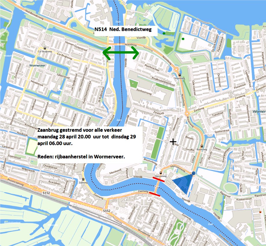 👷‍♂️ Voor herstel van een verzakking in het asfalt is de rijbaan direct voor de Zaanbrug zijde Wormerveer afgesloten op maandag 28 april 20.00 uur tot dinsdag 29 april 6.00 uur. Verkeer kan gebruik maken van de Prins Clausbrug / Ned Benedictweg.