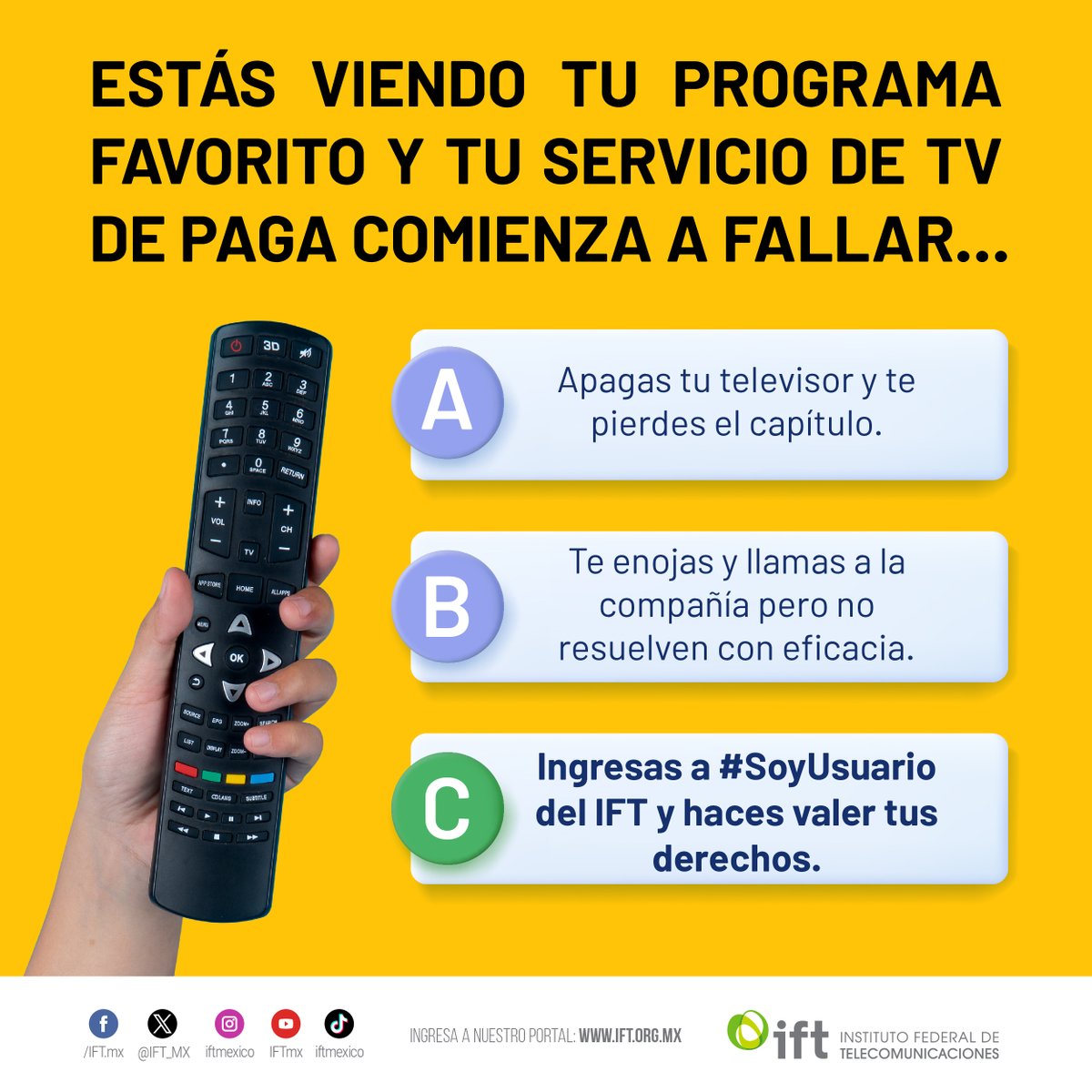 IFT_MX's tweet photo. #SoyUsuario es una plataforma en la que puedes ingresar inconformidades si tus servicios de #Internet🌐, #TVdePaga📺 o telefonía☎️📲 presentan fallas.
Estás a un clic de ser un usuario o usuaria #Empoderada.
🔗 https://t.co/taCedEUOeg https://t.co/VJ5f6Wo4GY