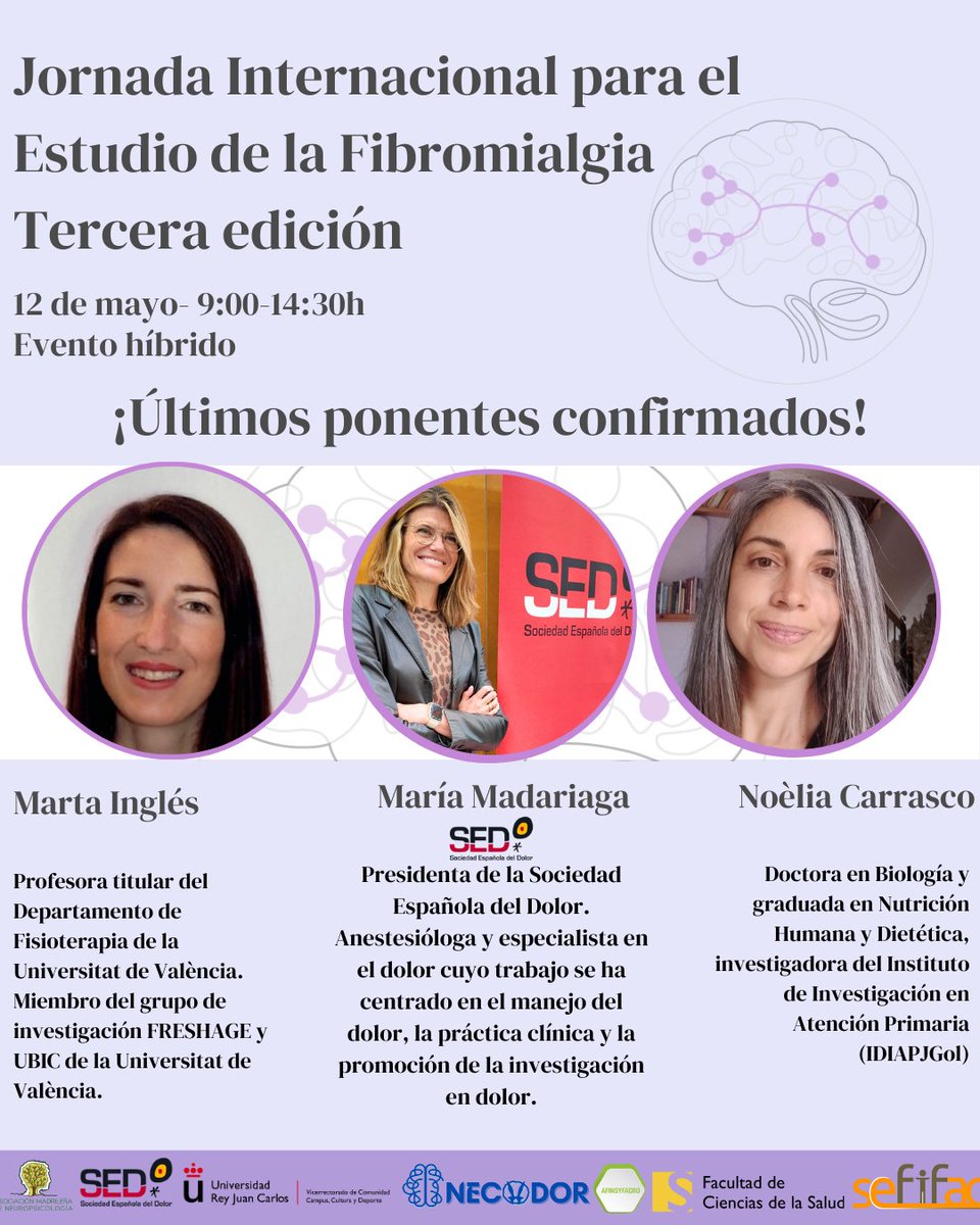 Jornadas Internacionales Estudio de Fibromialgia (@jornadasfibro_) on Twitter photo 📢 ¡Últimos ponentes confirmados!
🎤 Marta Inglés: Doctora en Fisioterapia
🎤 María Madariaga: Presidenta de la Sociedad Española de Dolor (<a href="/Sedolor/">Sociedad Española del Dolor</a> )
🎤 Noèlia Carrasco: Graduada en Nutrición
🔗 Más info: necodor.com
#Fibromialgia #Salud #Investigación #JIEFIII 📢 ¡Últimos ponentes confirmados!
🎤 Marta Inglés: Doctora en Fisioterapia
🎤 María Madariaga: Presidenta de la Sociedad Española de Dolor (<a href="/Sedolor/">Sociedad Española del Dolor</a> )
🎤 Noèlia Carrasco: Graduada en Nutrición
🔗 Más info: necodor.com
#Fibromialgia #Salud #Investigación #JIEFIII