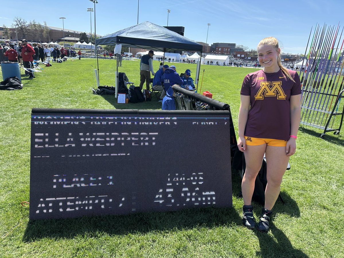 Minnesota Cross Country, Track & Field (@gophercctf) on Twitter photo A season-best and a <a href="/DrakeRelays/">Drake Relays</a> Javelin VICTORY for freshman Ella Weippert 🤩
Her 43.96m (144-3) came on attempt two down in Des Moines! #ncaaTF A season-best and a <a href="/DrakeRelays/">Drake Relays</a> Javelin VICTORY for freshman Ella Weippert 🤩
Her 43.96m (144-3) came on attempt two down in Des Moines! #ncaaTF
