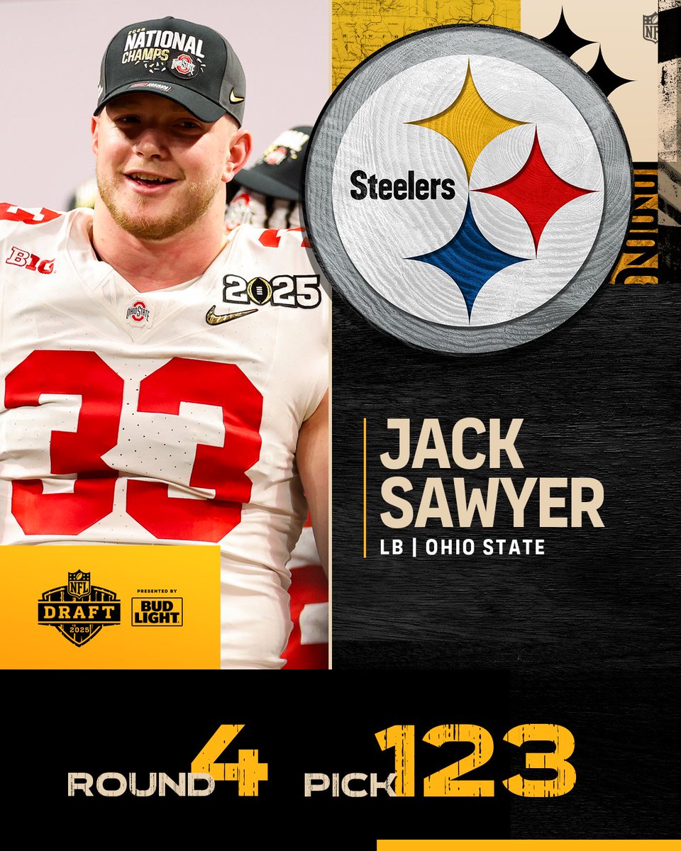 NFL's tweet image. With the No. 123 overall pick in the 2025 @NFLDraft, the @steelers select Jack Sawyer.
📺: #NFLDraft on NFLN/ESPN/ABC
📱: Stream on @NFLPlus