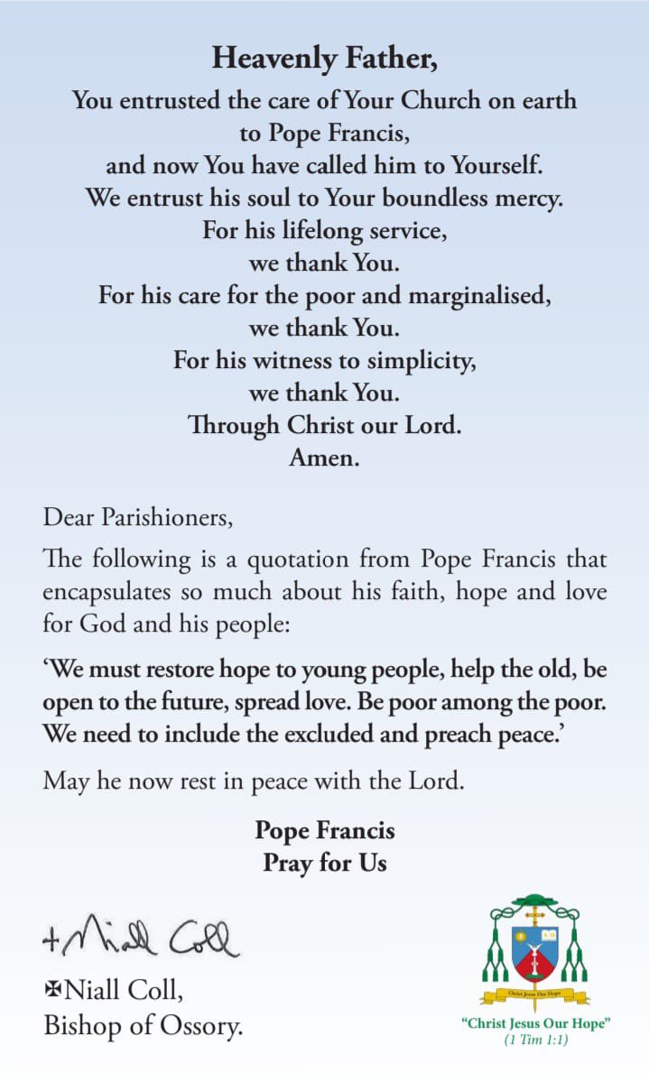 Diocese of Ossory (@ossorydiocese) on Twitter photo Bishop Niall will celebrate Mass for the eternal repose of Pope Francis and in thanksgiving for his life and ministry. Sunday 27th April St Mary's Cathedral 5.30 p.m. All welcome. @Catholicbishops <a href="/IrishCathNews/">The Irish Catholic</a> Bishop Niall will celebrate Mass for the eternal repose of Pope Francis and in thanksgiving for his life and ministry. Sunday 27th April St Mary's Cathedral 5.30 p.m. All welcome. @Catholicbishops <a href="/IrishCathNews/">The Irish Catholic</a>
