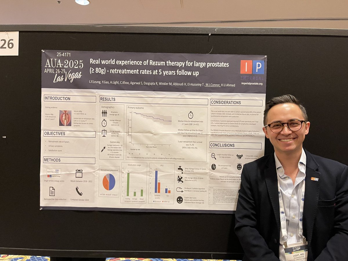 5yr outcomes following Rezum for &gt;80mL prostates presented by <a href="/AJWLight/">Alexander Light</a> #AUA25

Take home message - 3 of 4 patients were free of retreatment by 5 years

Presented on behalf of Yan Leung
