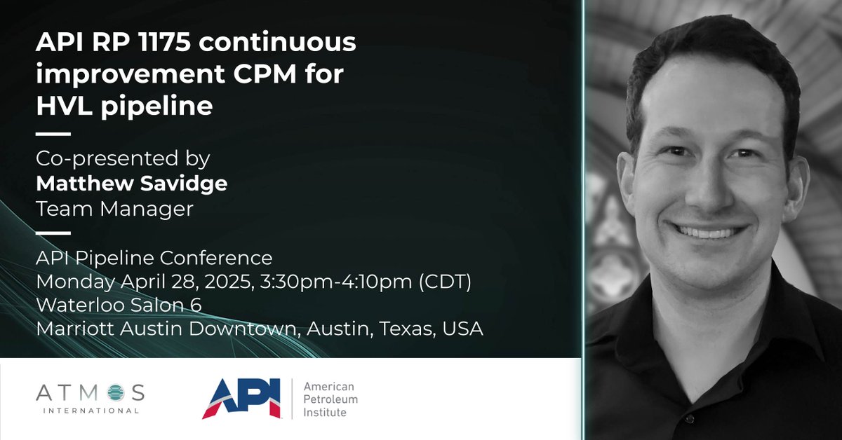 AtmosInt's tweet image. On April 28, don&apos;t miss Matthew Savidge co-presenting on API RP 1175 continuous improvement CPM for HVL pipeline. 

okt.to/vYqln3
 
#leakdetection #api #pipelineregulation