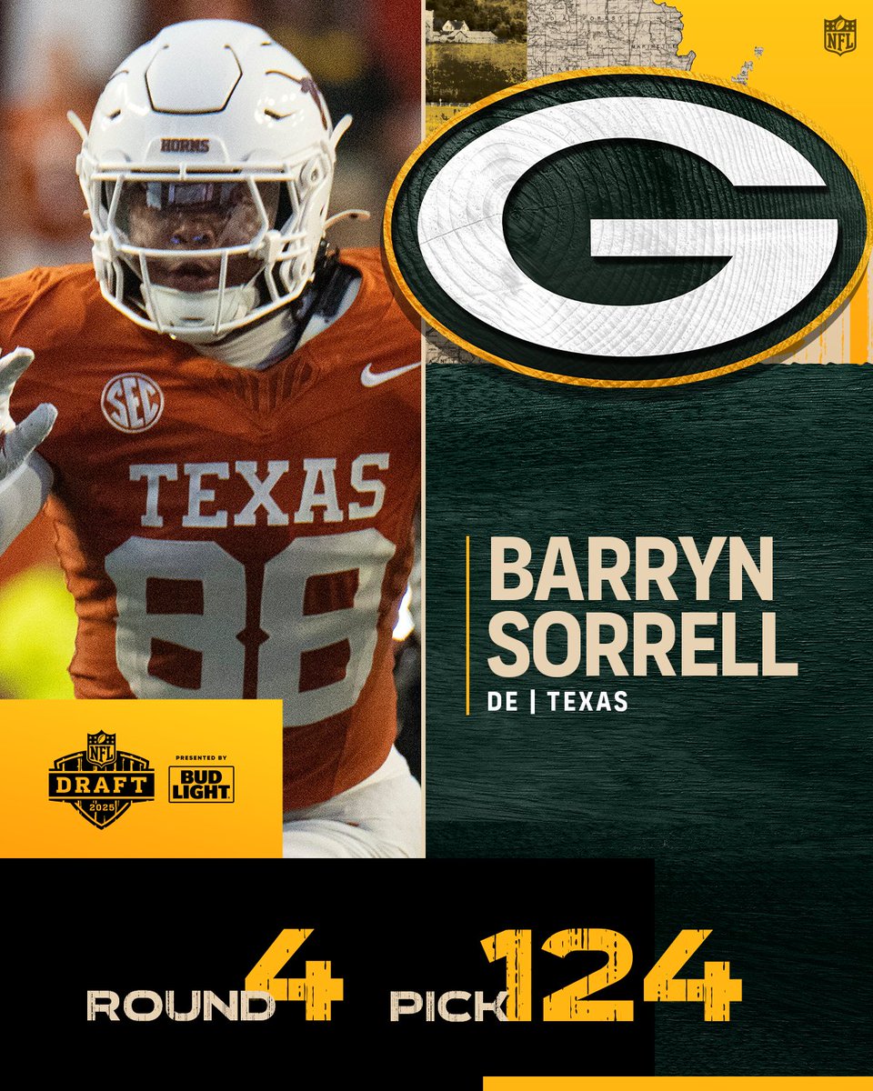 NFL's tweet image. With the No. 124 overall pick in the 2025 @NFLDraft, the @packers select Barryn Sorrell.
📺: #NFLDraft on NFLN/ESPN/ABC
📱: Stream on @NFLPlus